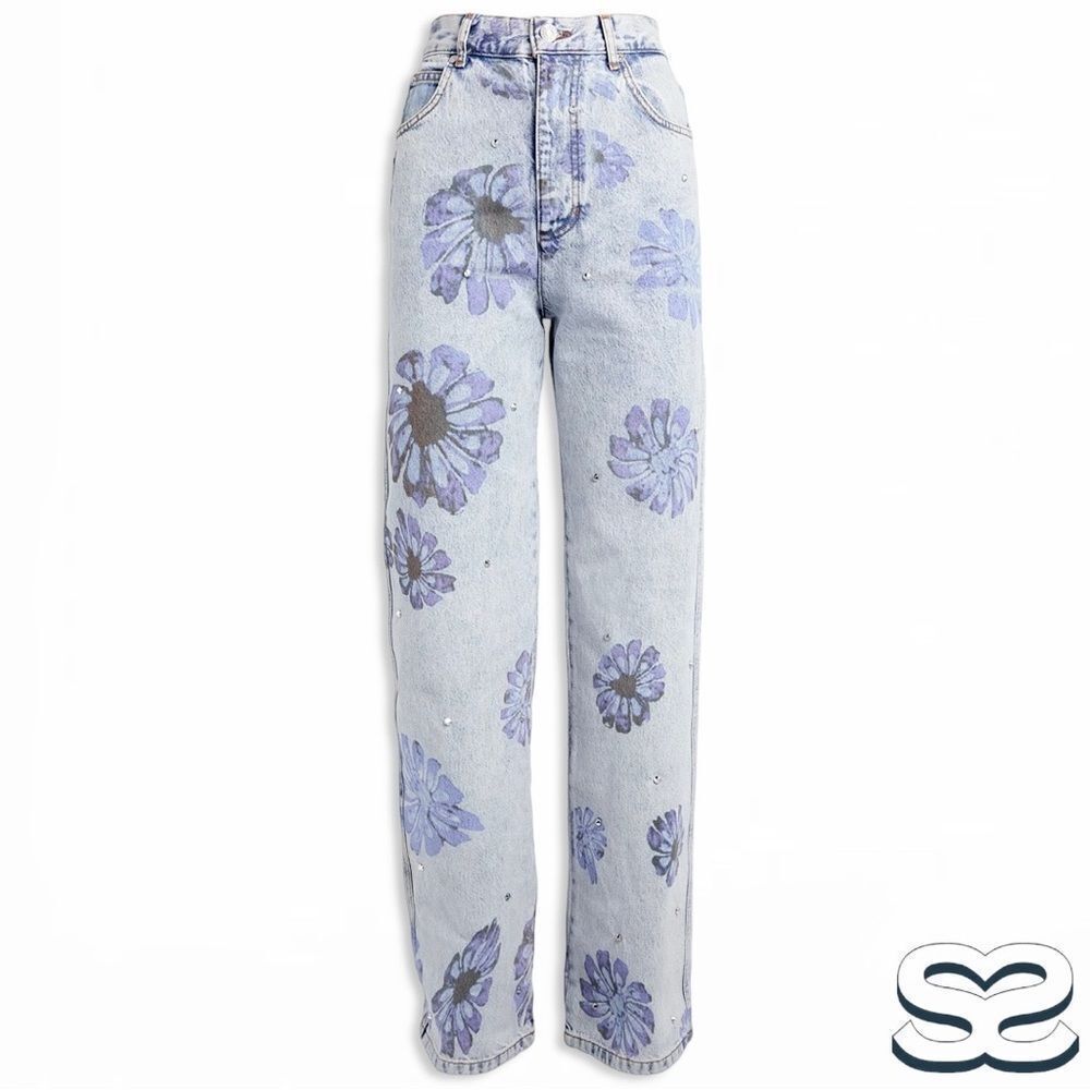 Sandro **NWT** Blossom Floral Print Rhinestone Straight Jeans in Blue Je… - Picture 13 of 15